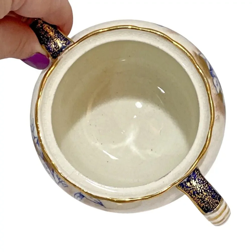 Vintage porcelain creamer & covered sugar bowl cobalt blue white and gold floral